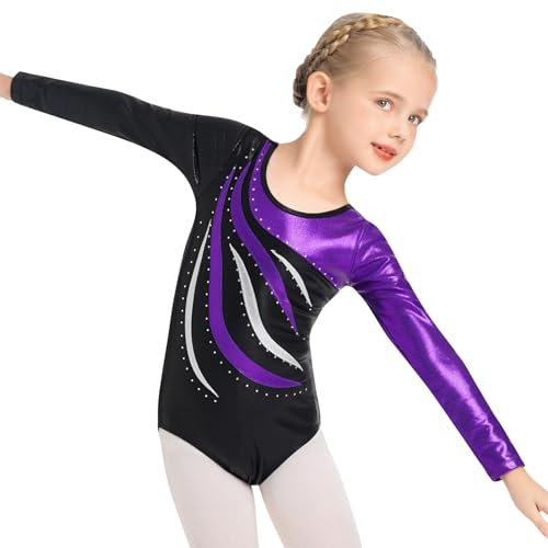 IDOPIP Turnanzug Mädchen Langarm Glitzernde Kinder Gymnastikanzug Athletisch Training Rundhalsausschnitt Ballett Trikot Dancewear Lila 8-9 Jahre