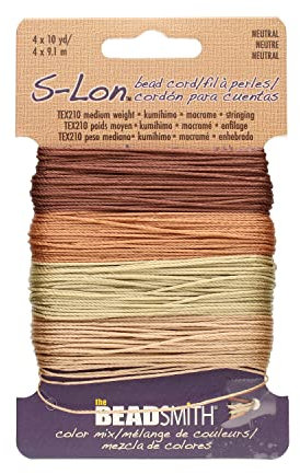 The Beadsmith S-Lon Perlenschnur – 0,5 mm gedrehte Nylonschnur zum Auffädeln, TEX210, neutrale Mischung, 4 Farben, 9,1 m pro Farbe