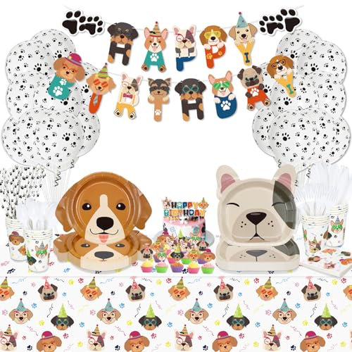 Hegbolke Dog Birthday Party Supplies - Cut Puppy Dog Paw Party Supplies for Doggy, Kids, Birthday Includes Plates, Cups, Napkins, Tablecloth, Banner, Balloons, Cake Toppers - Serves 20…