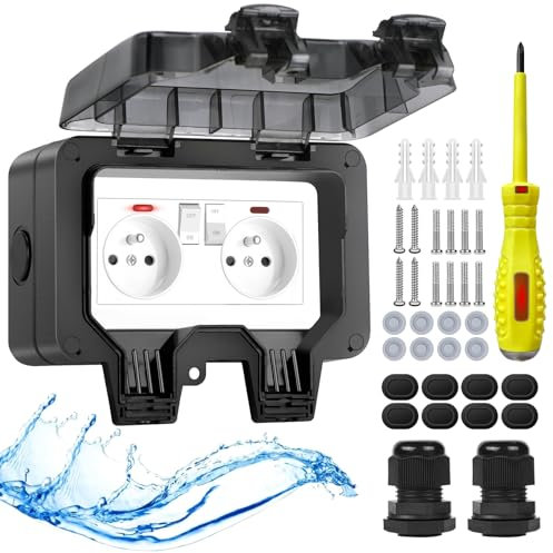 Upgrade Prise extérieure étanche IP66 avec interrupteur Témoin lumineux, en saillie Résistant aux intempéries Prise extérieure électrique Jardin murale avec couvercle verrouillable Prise-double