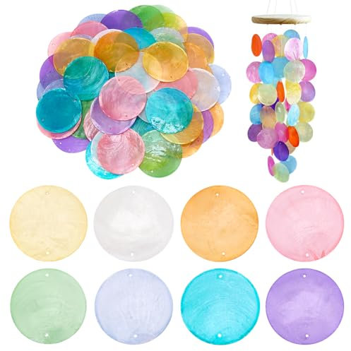 PH PandaHall 80 Stück Runde Muschelstücke 8 Farben Runde Scheibe Capiz Muschelscheiben Muscheln Münzperlenverbinder Mit 1.5 mm Doppelloch Für Windspiele Vorhang Lampenschirm Schmuckherstellung