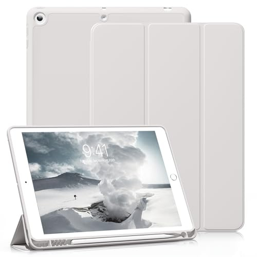 ZKTUYU Custodia per iPad 9/8/7ª generazione con portapenne, iPad 9 generazione, 10.2 pollici, modello 2021/2020/2019, per iPad 10.2 pollici, custodia ultra sottile in TPU con supporto, grigio