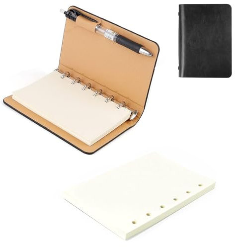 LEZED Mini Notizbuch für Unterwegs Binder Notizbuch A7 Leder Notizbuch A7 Ringbuch Nachfüllbar Blankoblätter 6 Ring Ringbuch Klein Notizbuch,für Schule, Büro, Schreiben/Zeichnen
