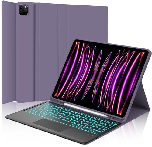 Tastiera per iPad Pro 12.9 Touchpad, Cover con Tastiera per iPad pro 12.9, Custodia Tastiera QWERTY Bluetooth Magnetica Retroilluminata per ipad pro 12.9 pollici 6/5/4/3 Generazione, Viola lavanda