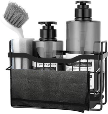 MainPi Sink Tidy Organiser with Drip Tray and Stainless Steel Sponge Holder - Hanging or Floor Mounted Storage Accessories (Black)