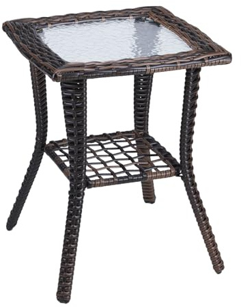 VINGLI Outdoor Side Table with Storage Wicker Patio Side Table, Tempered Glass Top End Table for Balcony Porch Deck (Brown)