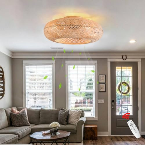 DOCJX Ventilateur De Plafond Avec Lumière E27 Rétro Bohemian Télécommande Silencieux Lamp Tissage Bambou Et Rotin Naturel Tissé Lampe De Plafond For Chambre Salon Éclairage (Taille : A)
