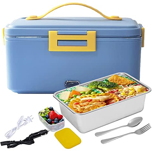 ZLJSHZS Calentador de Alimentos eléctrico, Calentador de Alimentos 3 en 1 12 V/24 V/110 V para camión/Coche/Trabajo/hogar, con Recipiente extraíble 304, Tenedor y Cuchara, Azul, 1,8 L