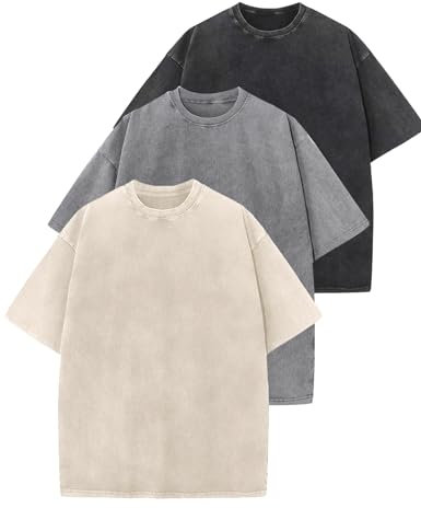 Wyeysyt 3 Pack Oversized Tshirts for Women Vintage Washed Baggy Tees Cotton Short Sleeves Acid Shirts Unisex Tops, Black+grey+beige, L