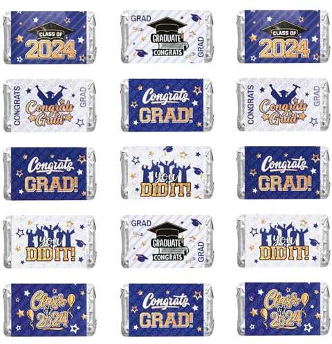 URROMA Blauer Abschlussdekor-Aufkleber, 160 Stück, Congrats Mini Candy Bar Wrapper Klasse 2024, Aufkleber, Partyzubehör, College, High School, Abschlussfeier