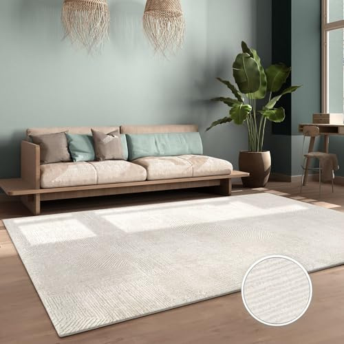 TT Home Wohnzimmer Teppich Esszimmer Kurzflor Boho Skandi Motiv Unifarben Hoch-Tief-Effekt Abstrakte Optik Moderner Style, Farbe:Hellbeige Creme, Größe:160x230 cm