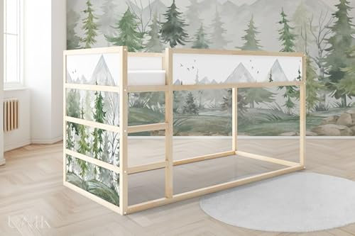 Unik Nordic Aufkleber für IKEA KURA Hochbett, Tannenwald Aquarell 2-Sticker-Set Unten, Bettaufkleber, Sticker für Kinderbett, Möbelfolie fürs Kinderzimmer, Bettfolie für Kinder