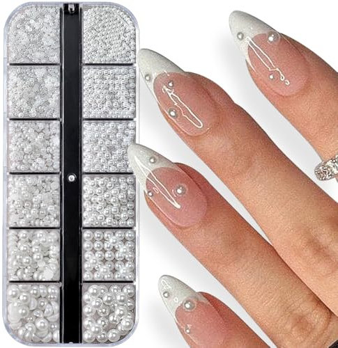 3D White Pearl Nail Charms Round Pearl Beads Nail Art Charms Half-round Pearls for Nails Weiße Perlen Set Nagel Charms Perlenset Nagelperlen Nail Beads Perle Nagelanhänger Schmuck Nageldesign Zubehör