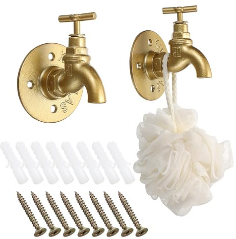 Sumnacon 2 Stück industrielle Rohr-Kleiderhaken - robuster, rustikaler Hut-, Bademantel- und Handtuchhalter, Wandmontage, Kleiderständer mit Hardware für Zuhause, Büro, galvanisiertes Gold-Finish