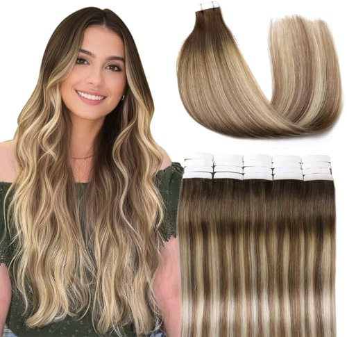 VINBAO Tape in Extensions Echthaar Blonde Haarverlängerungen Tape in dunklen Wurzeln Braun und Blonde Highlights Remy Tape in Extensions 35cm 20 Stück 50g Tape in 14 Zoll #3/8/22