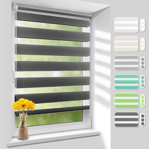 Homland Doppelrollo Klemmfix ohne Bohren B90 x H110 cm(Stoffbreite 85cm) Anthrazit, Duo Rollo, Rollo Klemmrollos lichtdurchlässig & verdunkelnd, Verstellbar Fensterrollo Sonnenschutz