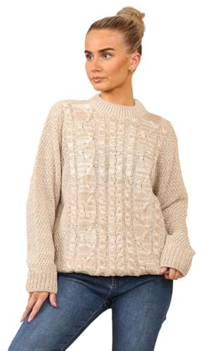 MyShoeStore Ladies Knitted Cable Knit Jumpers Womens Crew Neck Casual Lightweight Fisherman Baggy Oversize Chunky Vintage Long Sleeve Pullover Warm Winter Sweaters Tops (Beige, M/L)