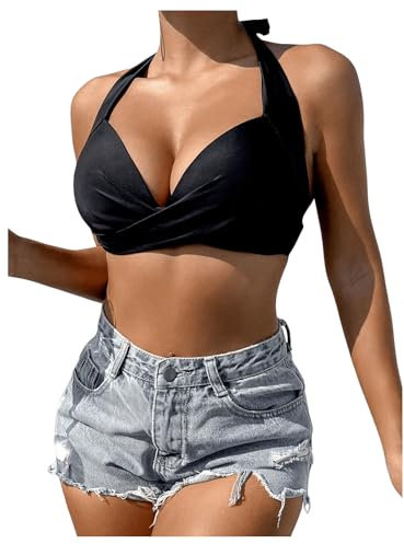 GORGLITTER Damen Push UP Bikini Top Neckholder Bikinioberteil Triangel Bikini Top mit Twist Badetop Bandeau Bikini-top Schwarz L