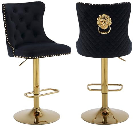 Chummaven Samt Barhocker 2er Set Barstuhl Moderne Tresenhocker Drehbar Küchenhocker mit Löwenklopfer und Nietenrand Gepolsterte Höhenverstellbare Barstühle für Hausbar Kücheninsel Schwarz