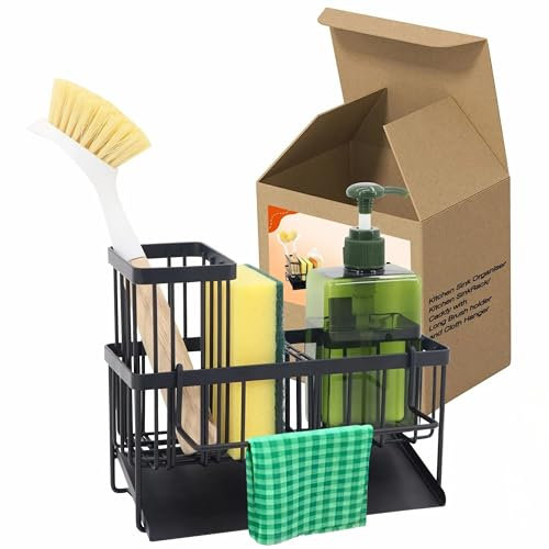 Aeknor Sink Caddy Organizer, Rustproof Metal Sponge & Brush Holder with Drip Tray, Dish Cloth Hanger, Compact Countertop Kitchen Storage Rack