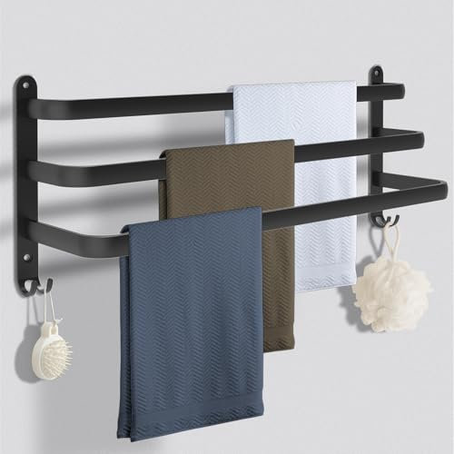 Handtuchhalter Schwarz 60cm,Handtuchhalter Ohne Bohren,Aluminium Handtuchregal Wandmontage 3-Stöckig Handtuchstange mit Haken,Handtuchhalter Bad Küche Badezimmer Zubehör