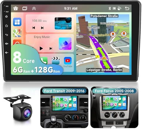 6G&128G VECHTEL 9 Radio de Coche para Ford Transit 2009-2016/ Focus 2005-2008 con Carplay Android Auto,Android 13,8 núcleos,Bluetooth,DSP Radio RDS/FM,GPS Wi-Fi,cámara de visión Trasera AHD