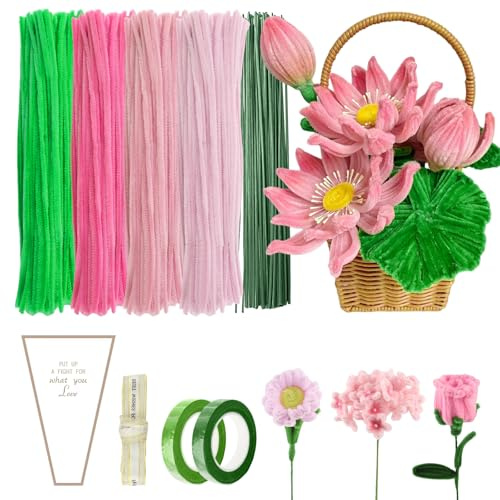 OMIGA Pfeifenputzer Blumen 400 Stück Pfeifenputzer zum Basteln | mit Floristendraht und Klebeband Set für Muttertag Valentinstag Jahrestag Basteln und Handwerk Dekorieren (Rosa/Grün)