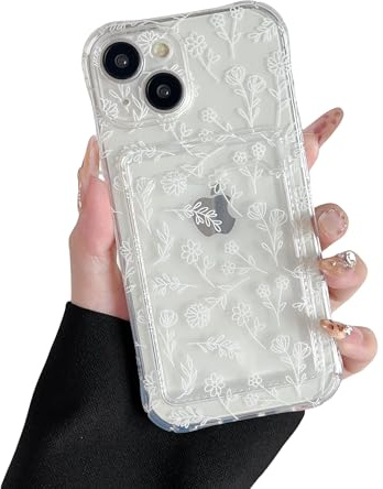 DEFBSC for iPhone 13 Clear Case with Card Holder, Sketch Flower | Cute Floral Pattern Design Transparent Card Slot Back Wallet Phone Case,Ultra Slim Soft TPU Shockproof Cover for Women Girls