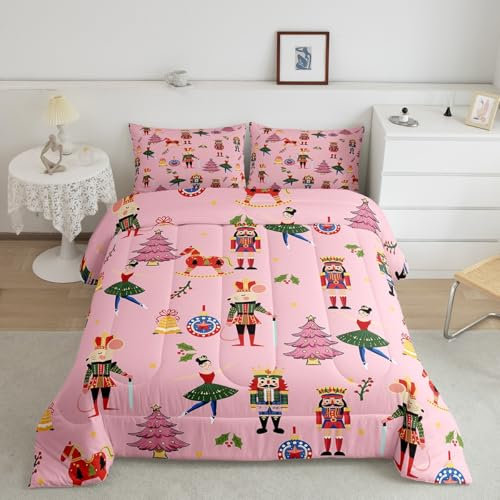 Loussiesd Pink Nutcracker Bedding Set For Kids Boys Girls Single Xmas Cartoon Down Comforter Ultra Soft Christmas Down Comforter Colorful Christmas Decor Duvet Insert Set Room Decor Winter