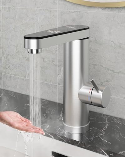 Edelstahl Instant Warmwasserbereiter Hahn, elektrischer Warmwasserhahn mit digitaler Temperaturanzeige, 120 Grad Schwenkauslauf, 220V 3300W elektrische Armaturen für Badezimmer, Küchenspüle (Silber)