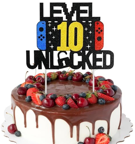 Videospiel Tortendeko 10. Geburtstag Junge Mädchen, Doppelseitig Glitzer Gaming Cake Topper 10 Jahre, Spielkonsole Themen Geburtstag Deko, Kuchenaufsatz für Zocker Party Dekoration