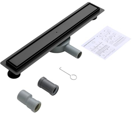 Linear Shower Drain 60cm, OUGOO 2-in-1 Tile Insert Floor Drain | 304 Stainless Steel Wet Room Channel with 360° Rotatable Siphon, Hair Strainer & Odour Trap, DN40/50 Adapters - Matte Black