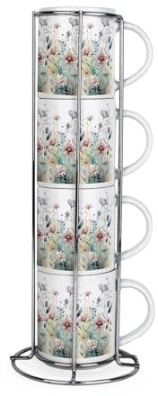 Purely Home Soft Wildflowers Stacking Mugs Set - Floral Presents for Her - Set of 4 Ceramic Mugs Gift Set with Metal Stand
