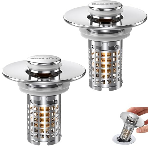 3-in-1 Bathroom Sink Stopper(2PCS), Stainless Steel Pop-up Strainer Basket Hair Catcher with Removable Basket, Brass Bullet Core, Universal Fit 1.1-2.36 Inch