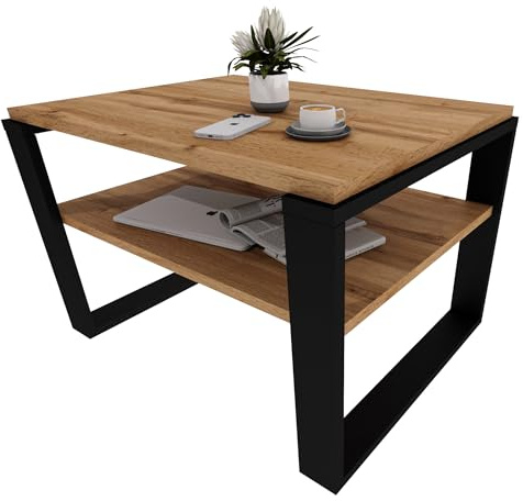 möbelkap Couchtisch 61×51 cm – Wohnzimmertisch aus Holzwerkstoff, Stabiler & moderner Kaffeetisch mit zusätzlicher Ablagefläche – Beistelltisch, Eiche Wotan/Schwarz, rechteckig