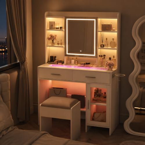 Tocador con espejo LED y bandeja de cristal, toma de corriente, soporte para secador de pelo, 2 cajones, 8 estantes abiertos, 1 armario, mesa de maquillaje, moderno tocador (blanco, 89,8x40x145cm)