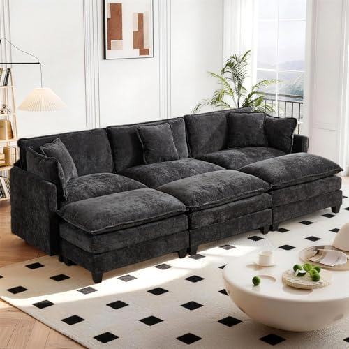 Modulares Sofa mit Doppelpolsterung, Schwarz, 3 Sitze + 3 Fußhocker | Chenille Stoff mit Kissen & Armlehnen. Niedrige Sitzfläche, flache Füßen. Ideal für Wohnzimmer, Schlafzimmer & Wohnungen.