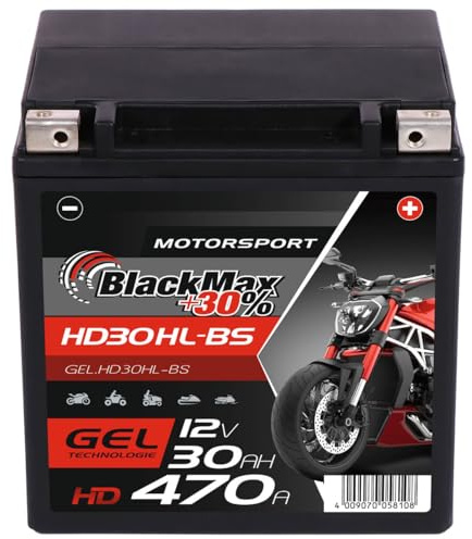 BlackMax Motorsport HD GEL Motorradbatterie YIX30HL-BS 12V 30Ah 470A | Starterbatterie extrem rüttelfest für schwere Cruiser & Tourer - Wartungsfrei, vorgeladen & auslaufsicher