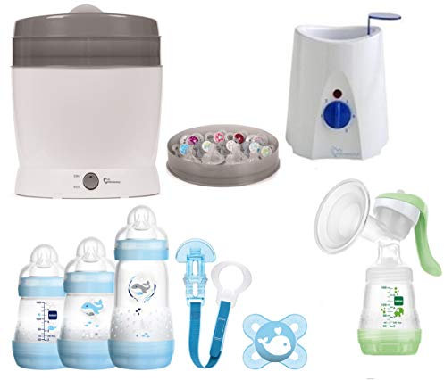 MAM Set 9 - Startset - Flaschen Sterilisator Babykoster Milchpumpe - Blau + gratis Geschenk