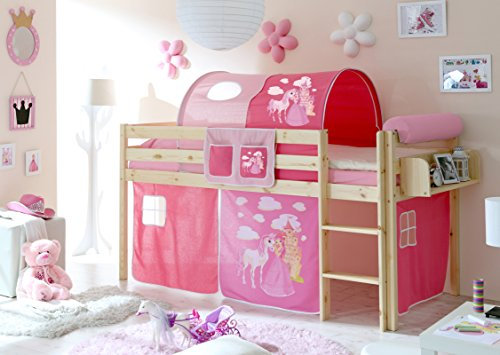 TiCAA Hochbett mit Leiter, 90 x 200 cm Hochbett, Kinderbett Spielbett mit Treppe aus Kiefer Massivholz Bettgestell 90 x 200