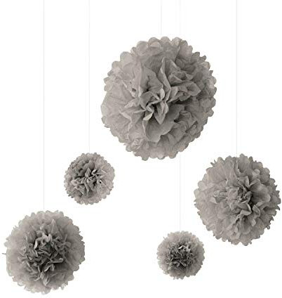 Frau WunderVoll® 5er Set Pompoms, GRAU, 2X Ø20, 2X Ø30, 1x Ø40 cm/Deko Hochzeit, Seidenpapier, Seiden Blumen, Papierblumen, Geburtstagsdeko, Tischdeko, Hochzeitsdeko, Gartenfest, Garten Party