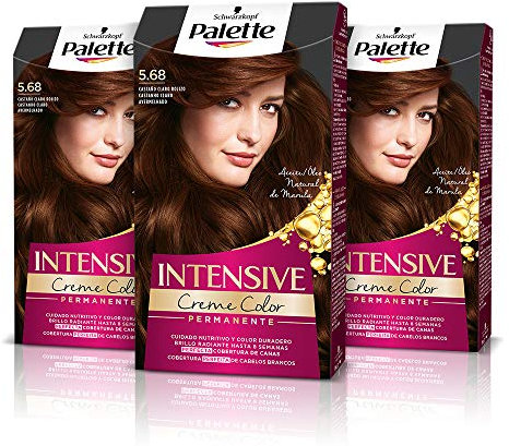 Palette Intensive Creme Color 5-68 Castaño Claro Rojizo, tinte permanente con aceite de macadamia y almendras, cubre el 100% de las canas y raíces, para un pelo radiante, Pack 3