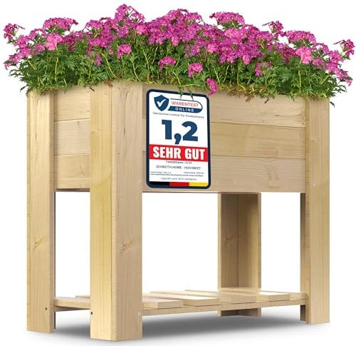 Schroth Home Hochbeet Compact Bausatz 80 x 80x 40 cm [Schutz vor Schädlingen] – Hochbeet Holz mit Ablage – inkl. Gratis praktischem Wurzeltuch - Praktisch für Balkon und Garten