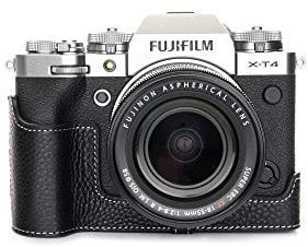 X-T4 Case, Zakao Handmade Genuine Real Leather Half Camera Case Bag Cover for Fujifilm Fuji X-T4 XT4 Bottom Opening Version With Hand Strap (Black)