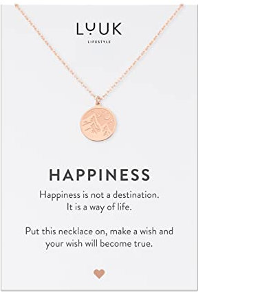LUUK LIFESTYLE Stainless steel necklace with mountaineer I peak I globetrotter pendant and HAPPINESS gift card, travel lucky charm, hiking jewellery, nature lover, 20” friendship necklace, rose