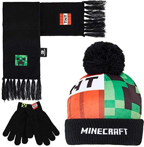 Minecraft Mütze Jungen, Schal und Handschuhe Kinder Sets, Creeper Strickmütze Winter Mütze Schal Handschuhe Set Kinder - Geschenke für Jungs (Einheitsgröße, Grün/Rot)