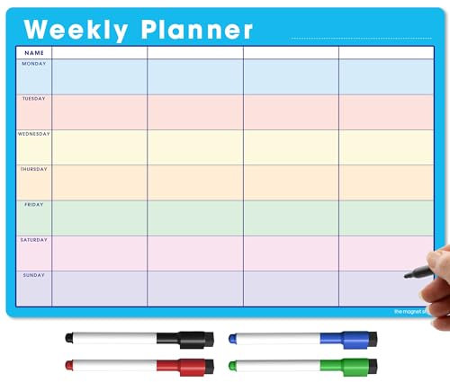 TMS A3 Magnetic Weekly Planner and Organiser – Fully Customisable Whiteboard for Family or Business Tasks and Meal Planning - with 4 Free Magnetic Dry Wipe Pen (Blue - Multi-Coloured, A3)