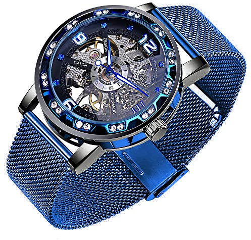 Transparente modische Diamant-Armbanduhr, Königliches Design, für Herren, Top-Marke, Luxus-Männer, mechanische Skelett-Armbanduhr, WIN975,Schwarz & Rot, selbstaufziehende, automatische Uhr