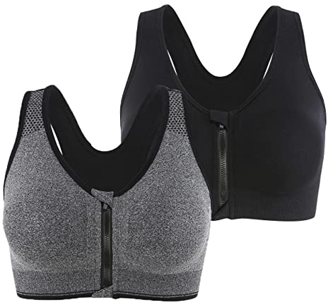 Leezepro Soutien-Gorge de Sport Post-opératoire Lingerie Avant Zipper Femme Zippée Brassière Push Up Courir Vest Coussinets Amovibles pour Fitness Jogging Yoga Course (Noir+Gris, M)