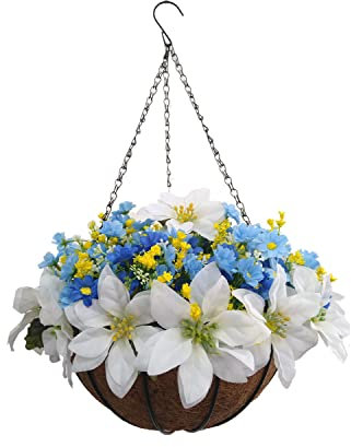 Zuhause und im Freien Schöne DIY Seide Weiß Künstliche Weihnachtsstern Weihnachtsblume Und Künstliche Blaue Gänseblümchen Blumen Kette Hängekorb Weihnachtsdekoration (Medium Basket)